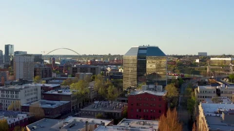Aerial orbit view of Pear District in Portland Oregon during sunset. Stock Footage 153249976