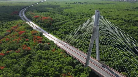 Aerial orbit view of traffic on a large suspension bridge on a two lane speed Stock Footage 245924547