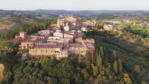Aerial orbit view of Tuscan medieval village of Certaldo Alto Stock Footage 288678620