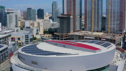 Aerial orbiting drone view of Staples Center in downtown Los Angeles Stock Footage 130960121