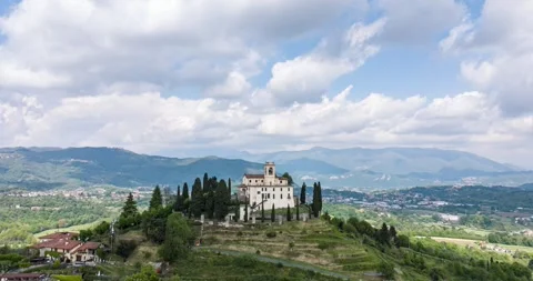 Aerial orbiting hyperlapse of sanctuary of Montevecchia Italy Stock Footage 344554942