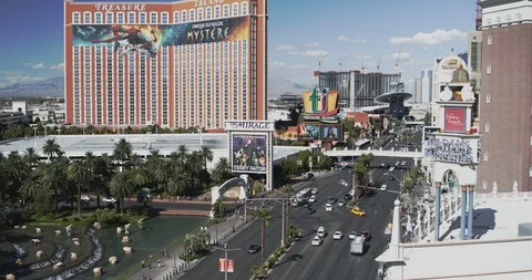 Aerial orbiting reveal of the Las Vegas strip and casinos Stock Footage
