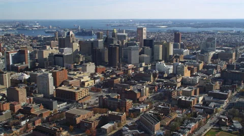 Aerial orbiting view of Baltimore MD as approached from the north. Shot in 2011. Stock Footage 59213195