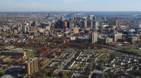 Aerial orbiting view of Baltimore, MD. Shot in 2011. Stock Footage 59527729