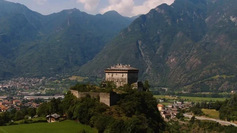 Aerial orbiting view of the castle of Verres, in Aosta valley, Italian Alps Stock Footage 112007400