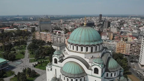 Aerial orbiting view of the temple of Saint Sava in Belgrad from the Sky. One Stock Footage 120124333