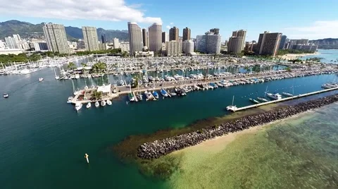 Aerial over Ala Moana &amp; Magic Island Stock Footage 45869437
