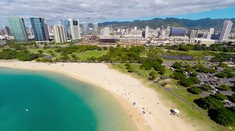 Aerial over Ala Moana &amp; Magic Island Stock Footage 45869474