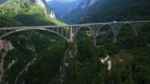 Aerial over Djurdjevica Tara arch bridge in Montenegro canyon 库存影片 329373953