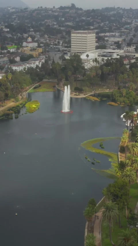 AERIAL: Over Echo Park in Los Angeles, California with Palm Trees, Cloudy Stock Footage 337412688