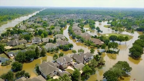 An aerial over the flooding and destruction in Houston from Hurricane Harvey. Stock Footage