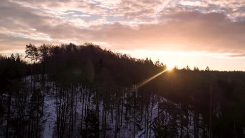 Aerial over forest during sunset with sun rays peaking through trees creating 스톡 동영상 147498996