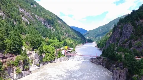 Aerial over Hells Gate with river currents and gondola Stockbeeldmateriaal 92708805