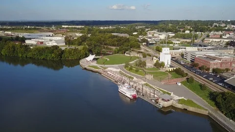 Aerial Over Large River Boat Docked Video stock 108572189