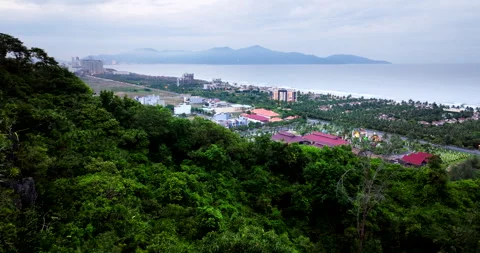 Aerial over Marble Mountain with view over Da Nang coastline in central Stock Footage 282002905