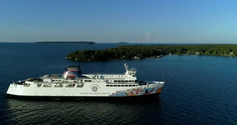 Aerial Over Nice Painted Passenger Vehicle Ferry On Northern Lake At Sun Down Stock Footage 186973335