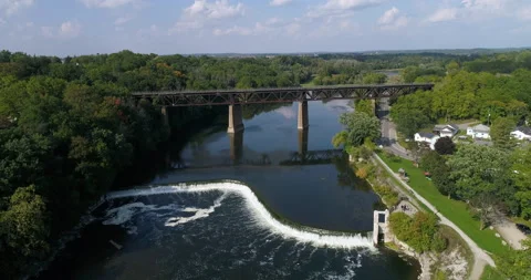 Aerial Over Nice River Dam Falls With A Train Trestle Crossing The High Valley Stock Footage 200827079