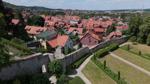 Aerial over the old town wall and half timbered houses of Blankenburg Video stock 337979111