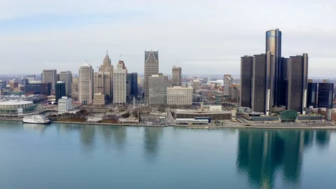 Aerial Over River Approaching Downtown Detroit Overcast Day Stock Footage 122466613
