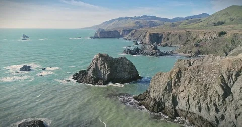 Aerial over rugged coastline coastline on Highway 1, Sonoma Stock Footage