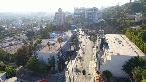 Aerial over Sunset Blvd Sunset Strip in West Hollywood, Los Angeles, California. Stock Footage 145278393