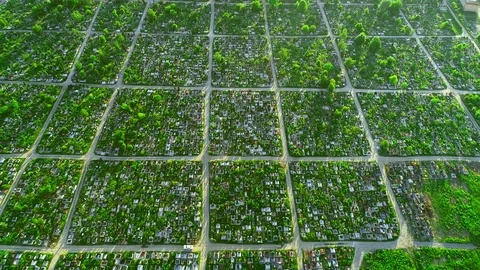 An aerial over a vast cemetery devided in squares and pathes. 4K. Stock Footage 113069153