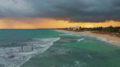 Aerial Over Waves Breaking Along Playa Paraiso In Tulum With Dark Storm Stock Footage 232752976