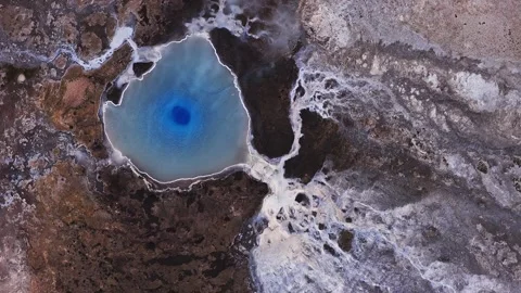 Aerial overhead of circular geothermal pool in Iceland, daylight Stock Footage 339499945