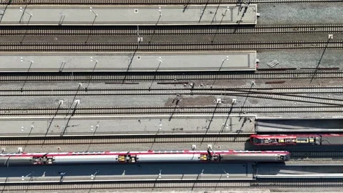 Aerial overhead drone view of train moving Stock Footage 330850724