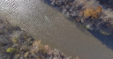 Aerial Overhead of Forest River Rapids with Railroad Sideways Stock Footage 82733686
