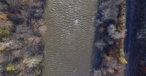 Aerial Overhead of Forest River Rapids with Railroad Forward Stock Footage 82733687