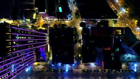 Aerial Overhead Night Skyscrapers revealing iconic cityscape - Saigon (HCMC). Stock Footage