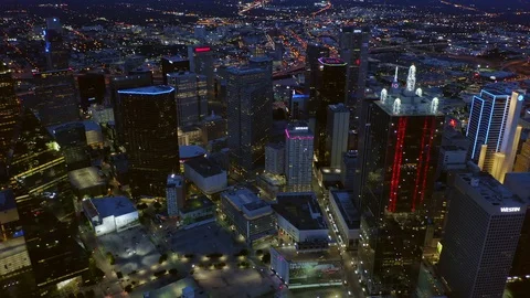 Aerial Overhead Pan of Buildings Close Dallas Texas at Night Vídeo Stock 107661069