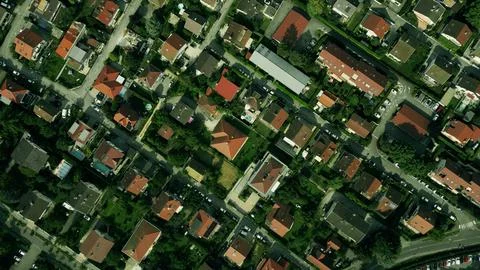 Aerial overhead shot of upper class homes and gardens in Annecy. Haute-Savoie Stock Photos