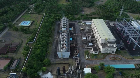 Aerial overhead view captures geothermal power plant multiple structures. Video stock 336746627