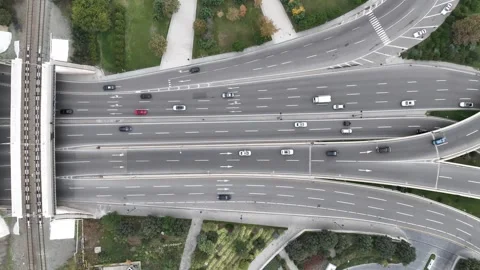 Aerial Overhead View of Complex City Highway Intersection and Traffic Flow Stock Footage 341974711