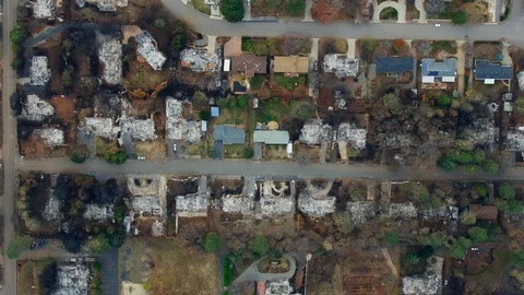 Aerial overhead view devastating forest Campfire Paradise California Stock Footage 104236568