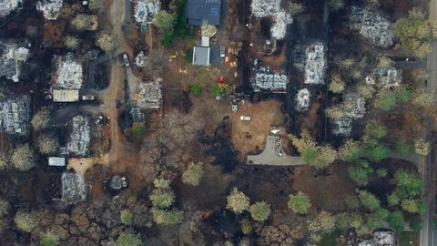 Aerial overhead view devastating forest Campfire Paradise California Stock Footage 104236596