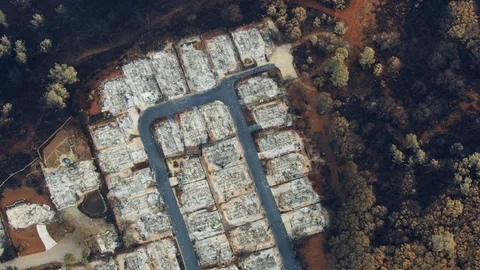 Aerial overhead view forest wildfire destroyed property Paradise Stock Footage 104236304