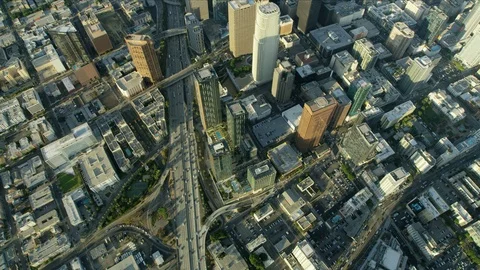 Aerial overhead view Harbor Freeway and LA skyscrapers Video stock 95990761