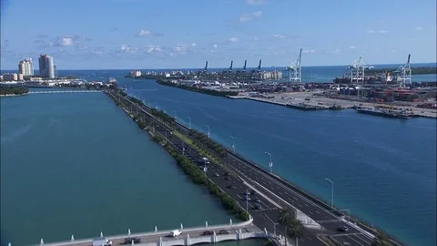 Aerial overhead view MacArthur Causeway bridge Miami Stock-Footage 80171256