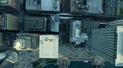 Aerial overhead view of modern skyscraper buildings Chicago city USA Stock Footage