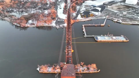 Aerial Overhead View  Train Crossing the Delair Railroad Bridge Stock Footage 168214466