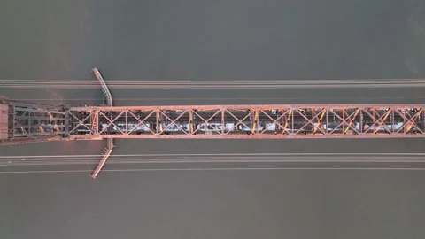 Aerial Overhead View  Train Crossing the Delair Railroad Bridge Stock Footage 168214481