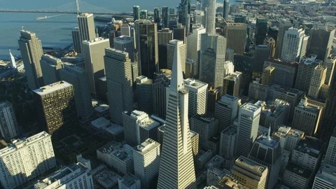 Aerial overhead view Transamerica Pyramid skyscraper San Francisco Stock Footage