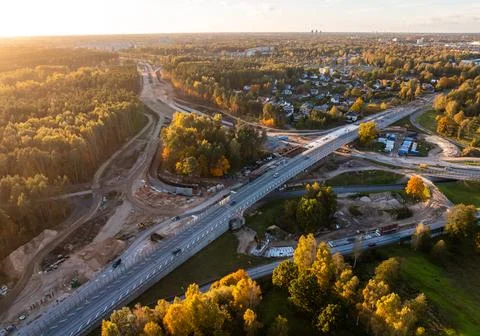 Aerial overpass construction at multi level highway interchange Stock Photos