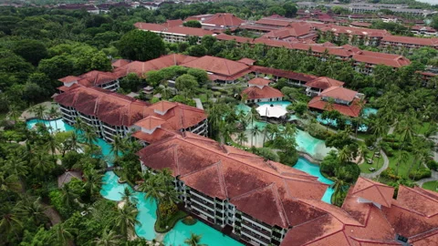 Aerial overview of big complex buildings of luxury hotel with private area Stock-Footage 238627064