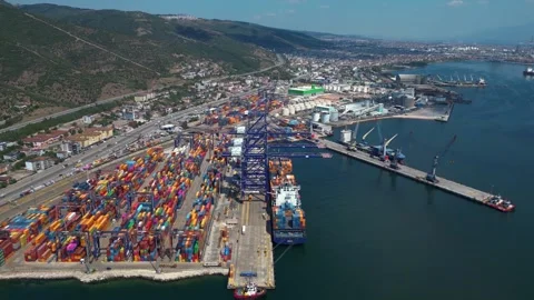 Aerial Overview of Busy Container Terminal Stock Footage 342343805