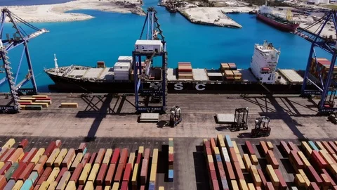 Aerial Overview of Container Port and Maritime Logistics, Bahamas Stock Footage 104021786