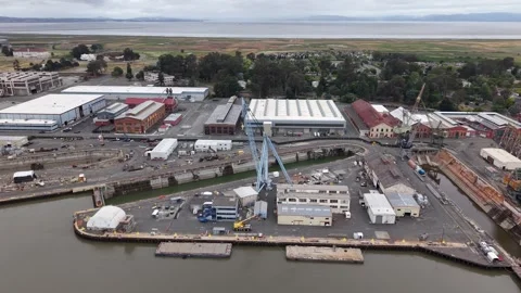 Aerial Overview of the Dry Dock Complex at Mare Island Shipyard, Vallejo 4K Vídeo Stock 337277515